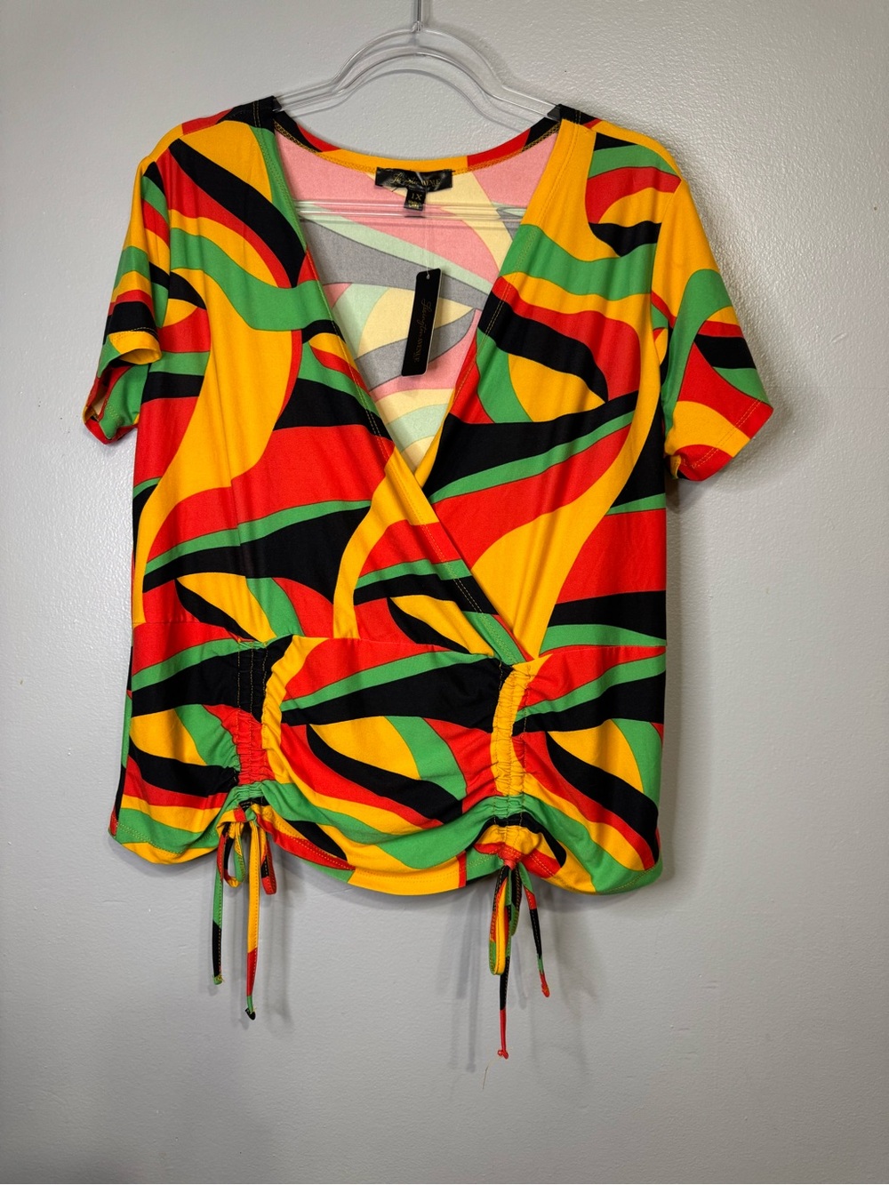 NEW Lexington Avenue 1X Plus Ruched Wrap Top Abstract Print Stretch Blouse